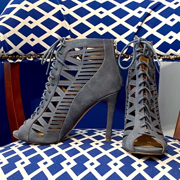 Shoes - Blue denim lace up ankle bootie high heel sandals cut out peep toe sz 10